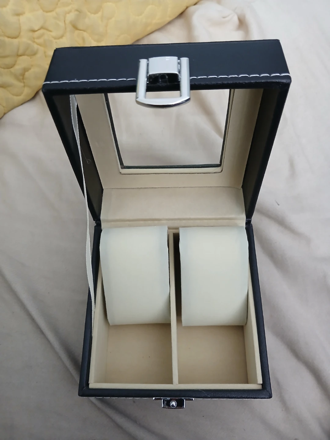 Black Faux Leather 2-Slot Watch Box with Clear Lid