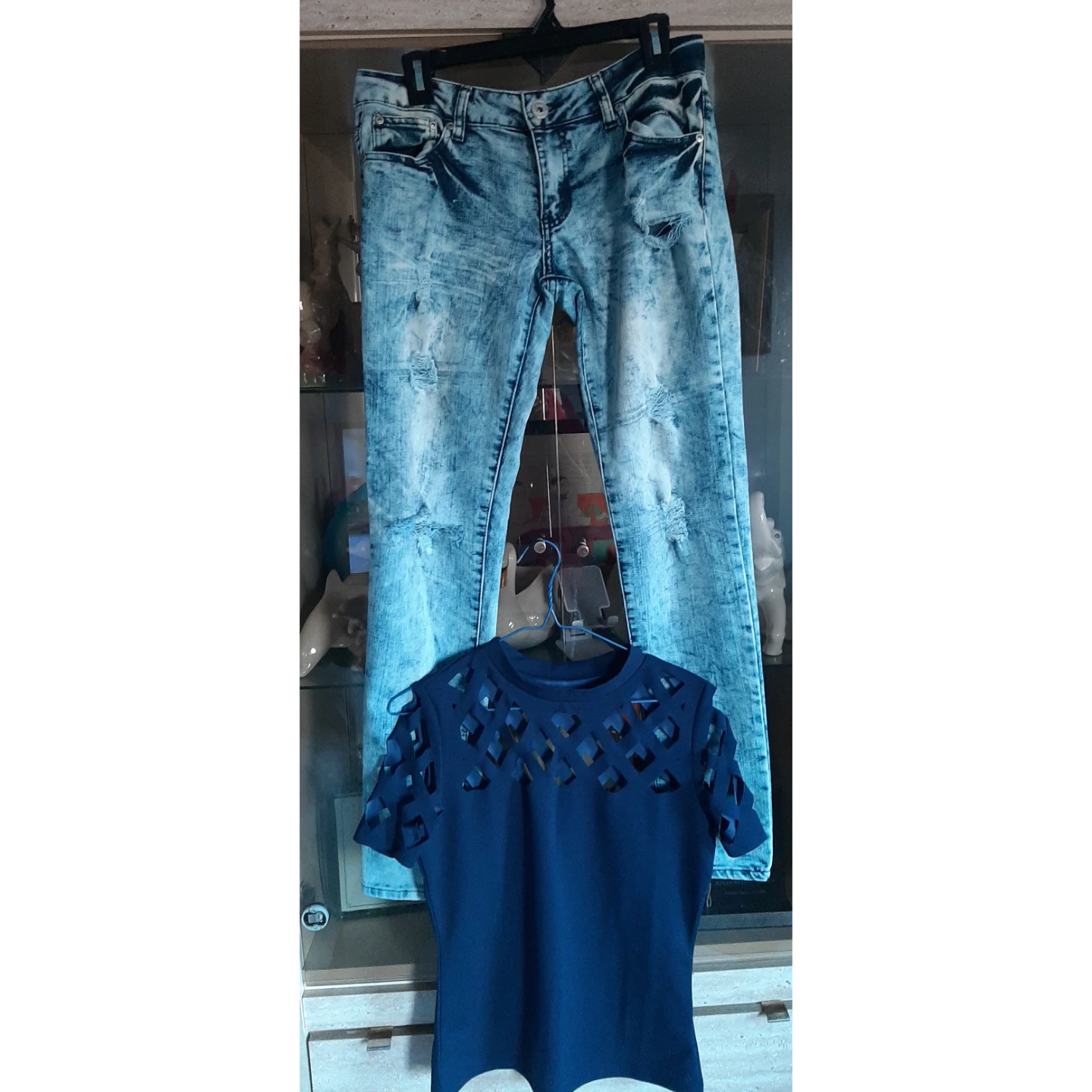 2pc Set Dark Blue Cut-Out Top and Acid Wash Jeans
