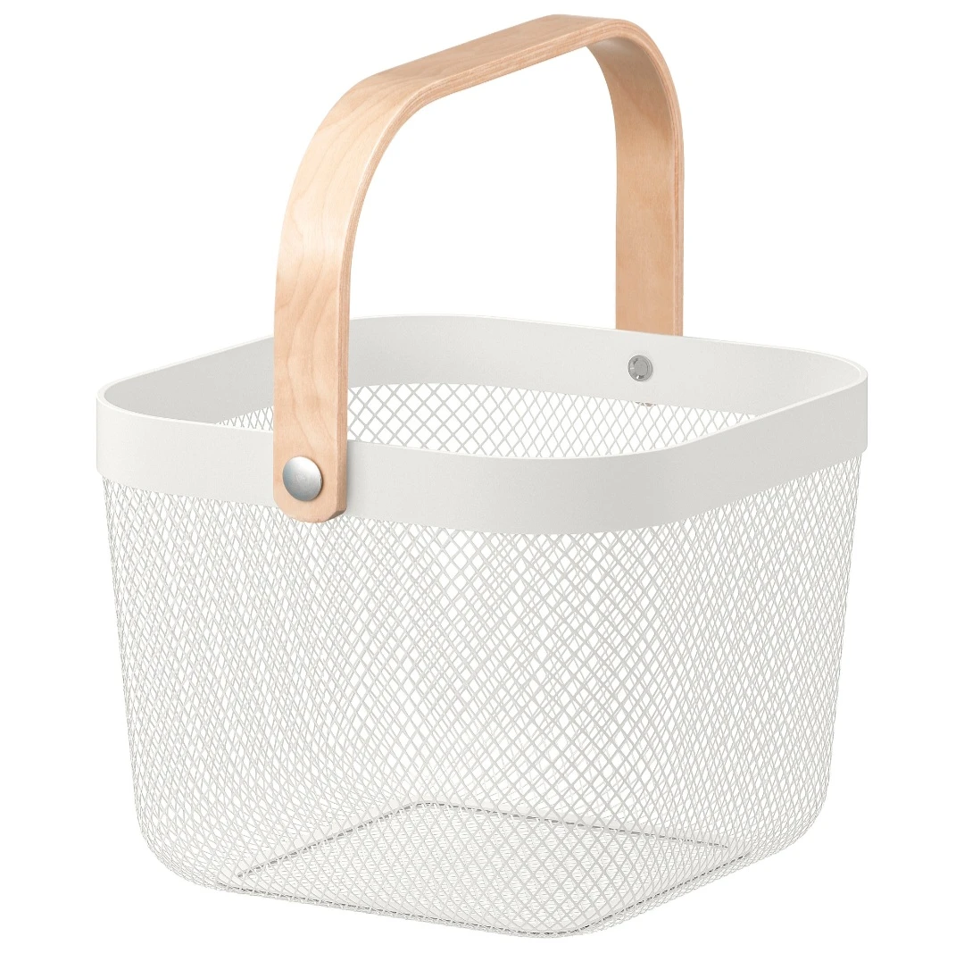 White Storage Basket with Wooden Handle