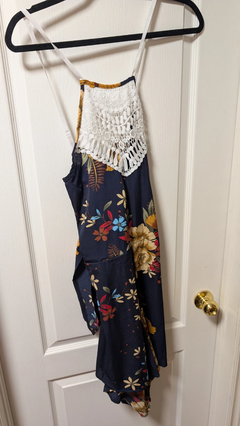 Navy Floral Romper with White Crochet Top