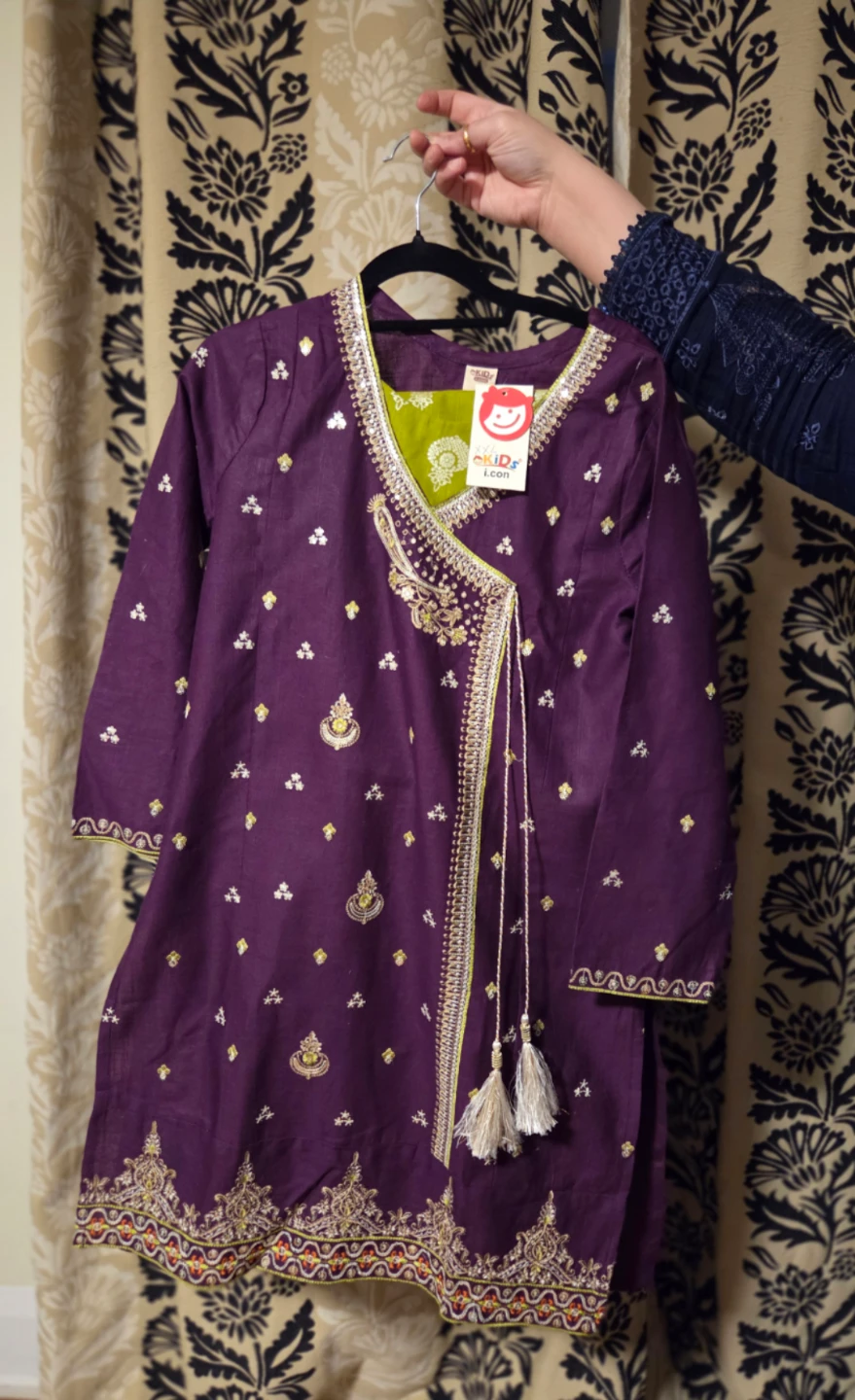 Kids Eid Purple & Green Embroidered Kurti