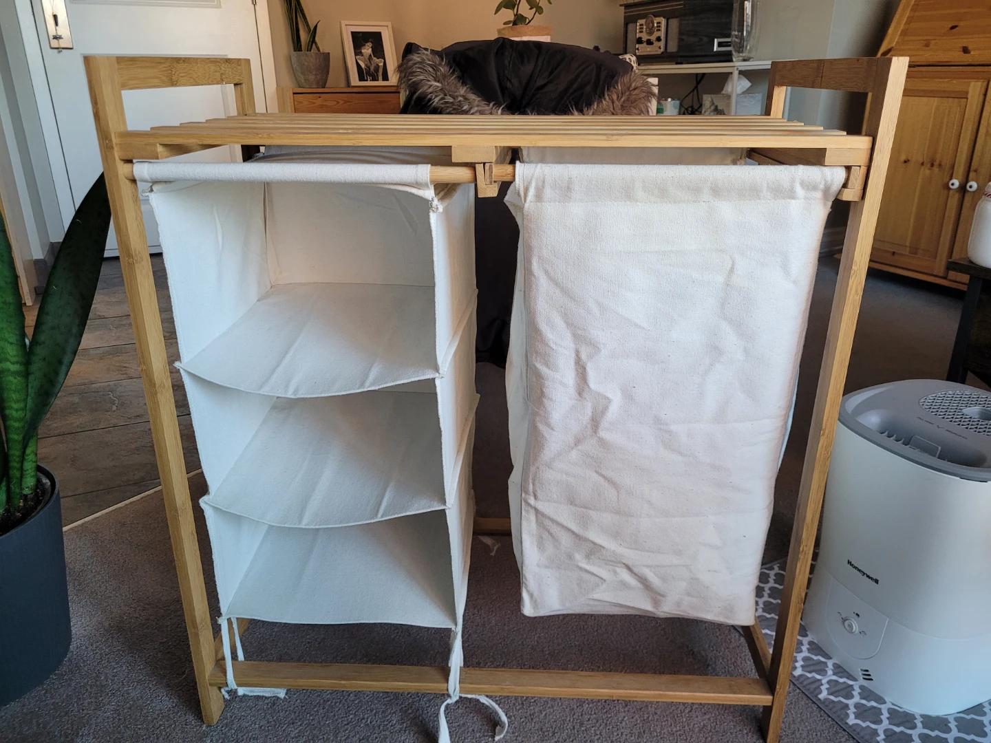 Bamboo Laundry Hamper with 3 Shelves and Bag - photo 2