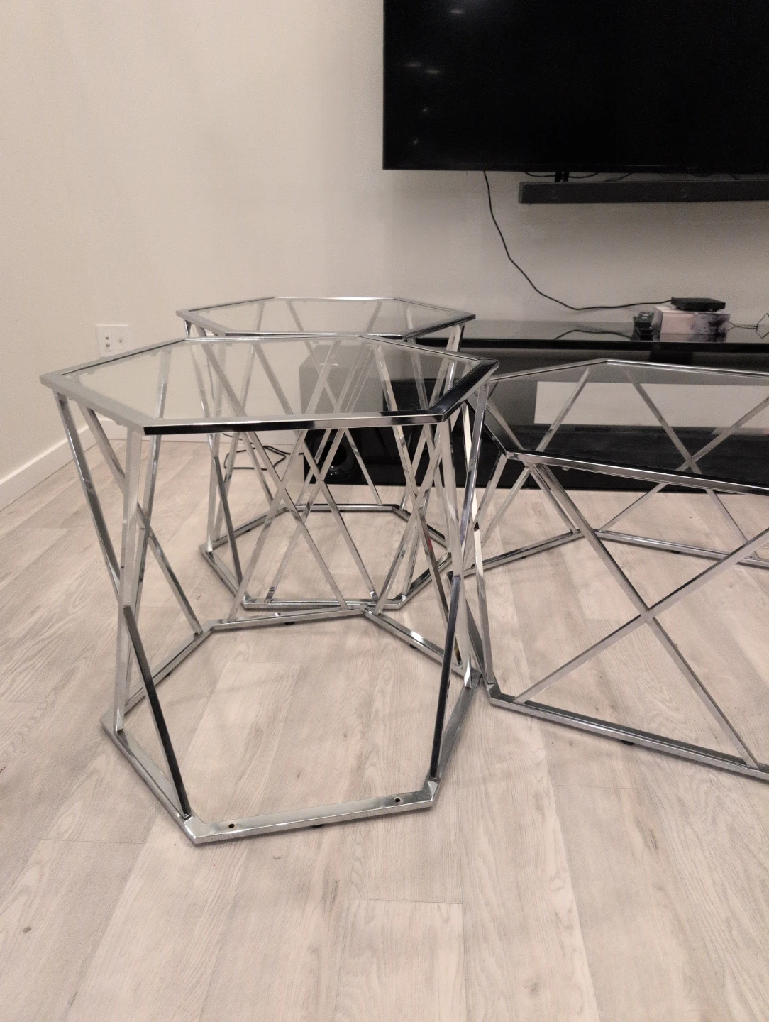 Set of 3 Hexagonal Glass and Chrome Side Tables - photo 2