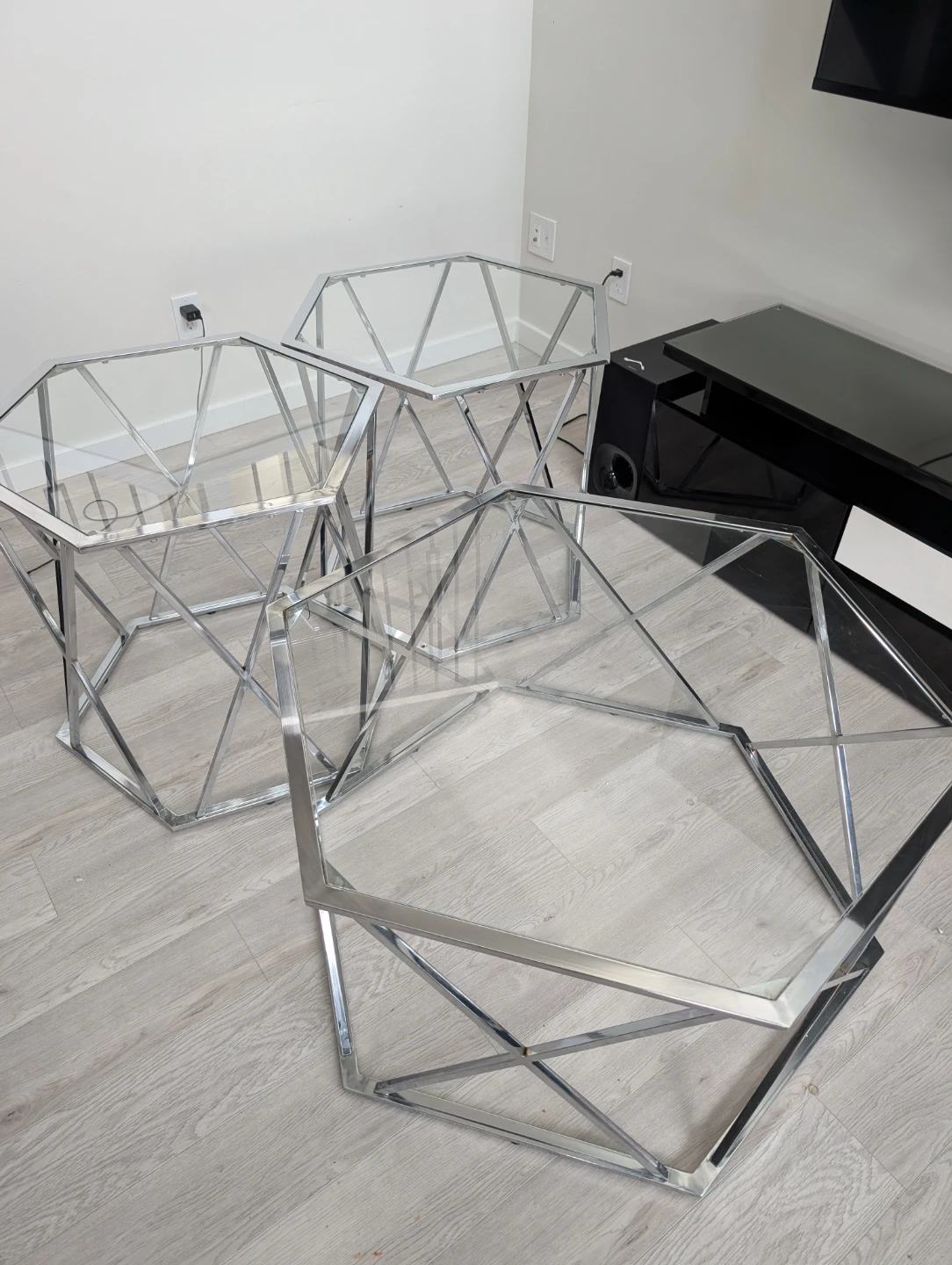 Set of 3 Hexagonal Glass and Chrome Side Tables - photo 3