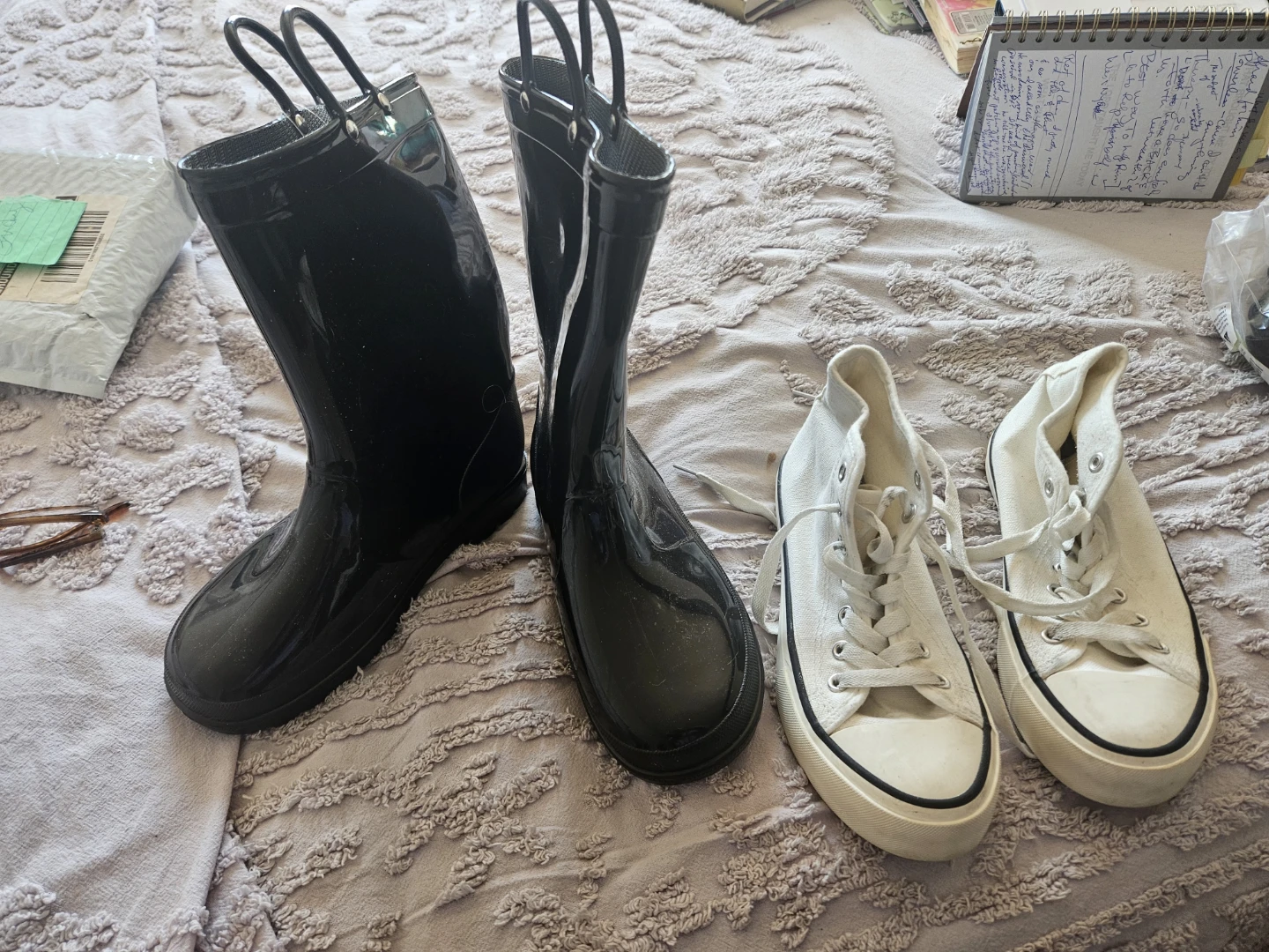 Black Rubber Rain Boots and White Canvas Sneakers