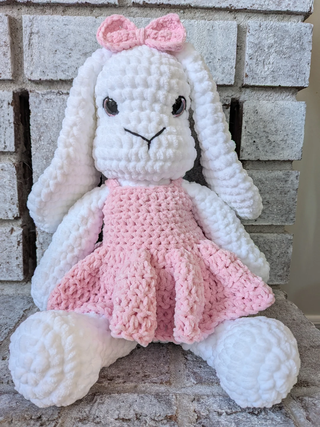 Crocheted White Bunny Plush Toy with Pink Dress