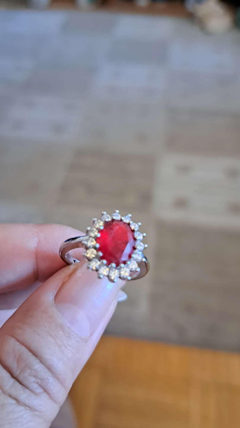 Silver-tone Ring with Red Oval Gemstone