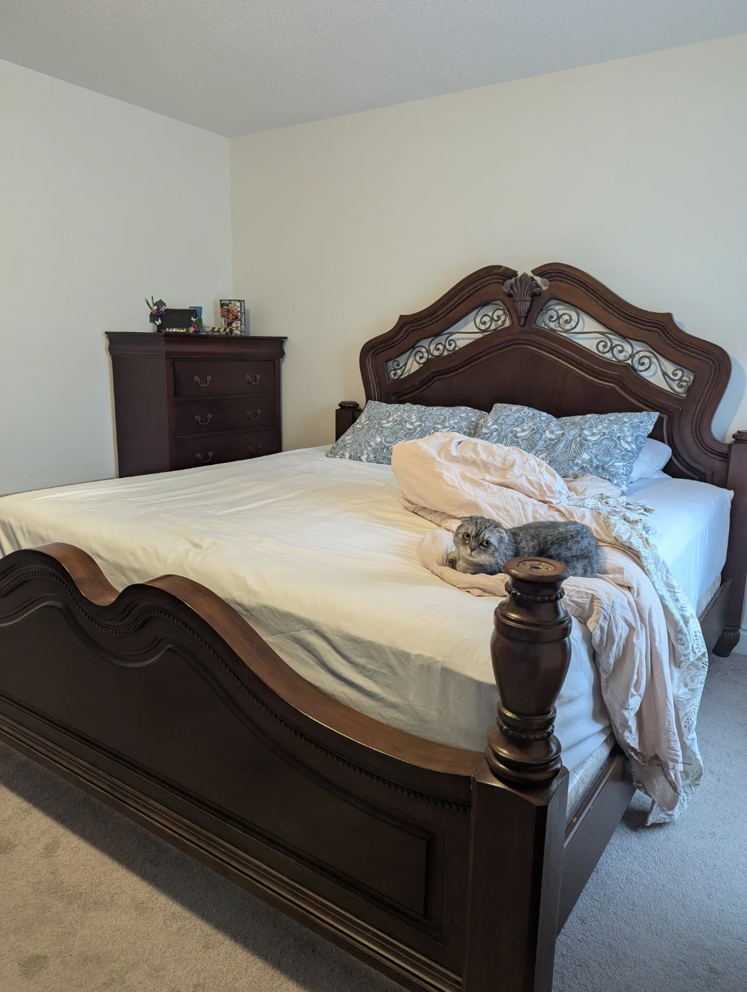 Dark Brown Ornate Wood Bed Frame with Metal Inserts - photo 2