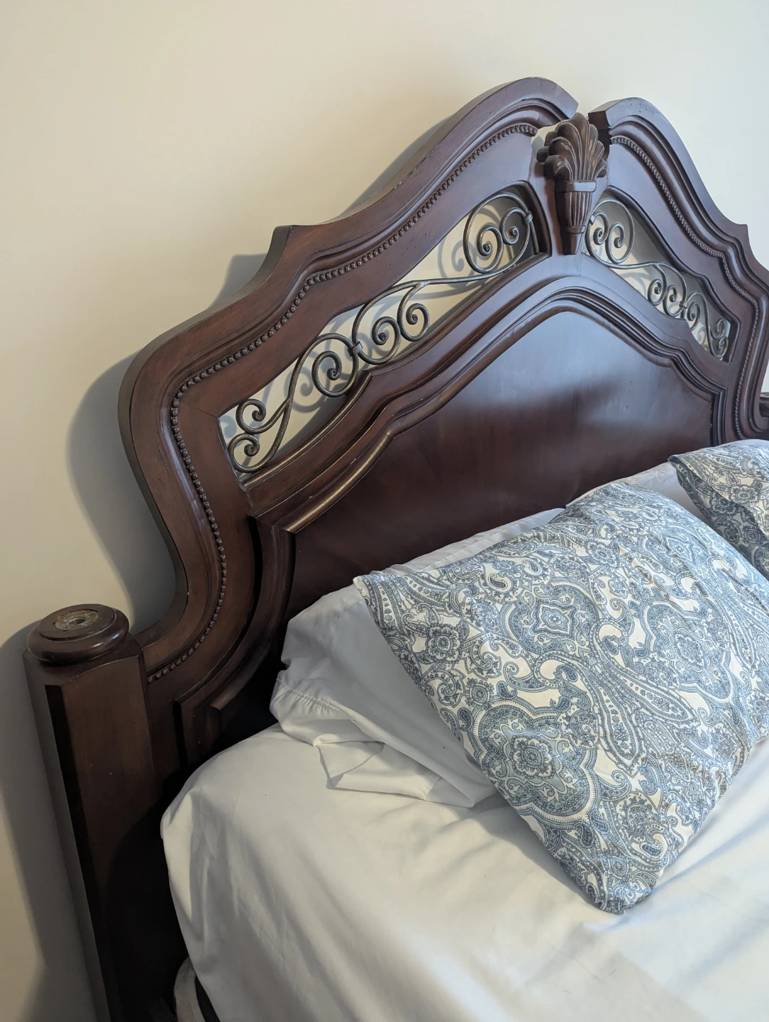 Dark Brown Ornate Wood Bed Frame with Metal Inserts - photo 3