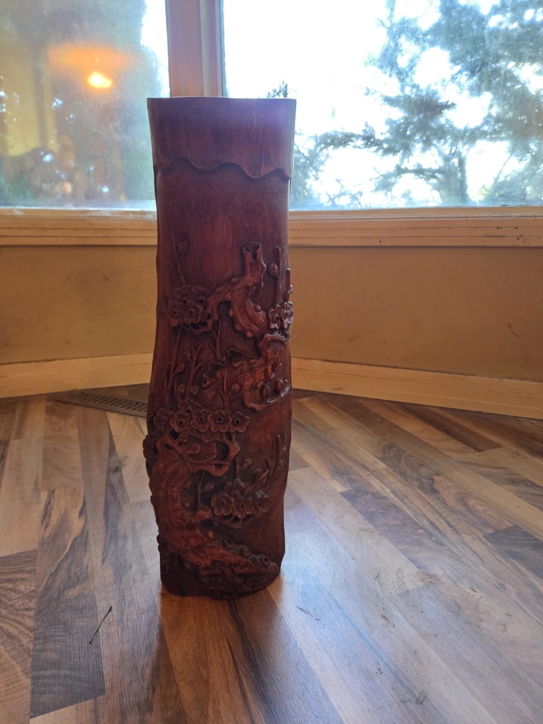 Carved Wood Vase with Dragon and Floral Design