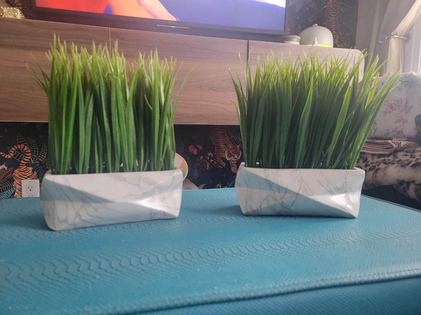 Set of 2 Artificial Grass Plants in Marble Pots