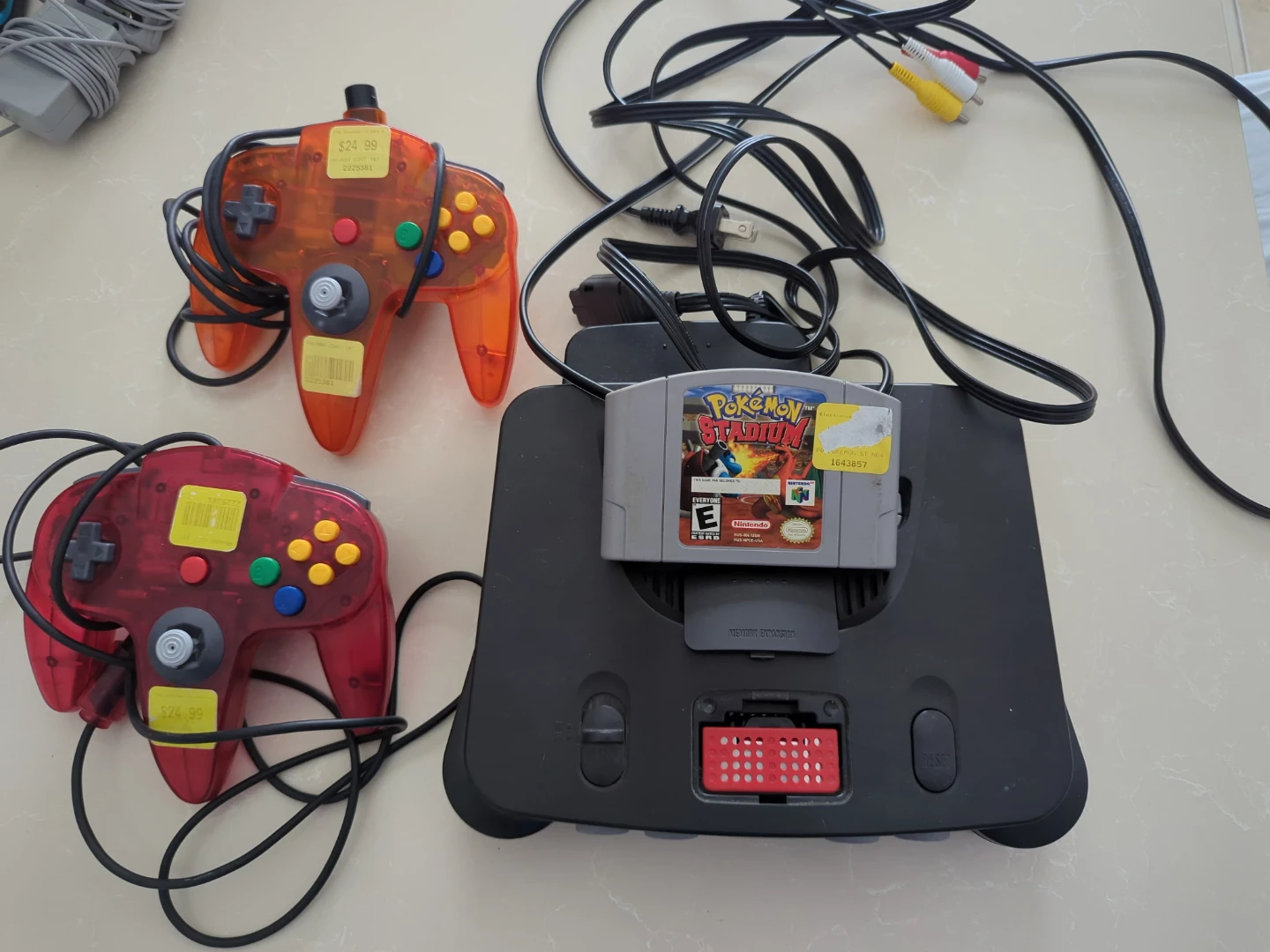 N64 with expansion pack 2 controllers and Pokemon stadium