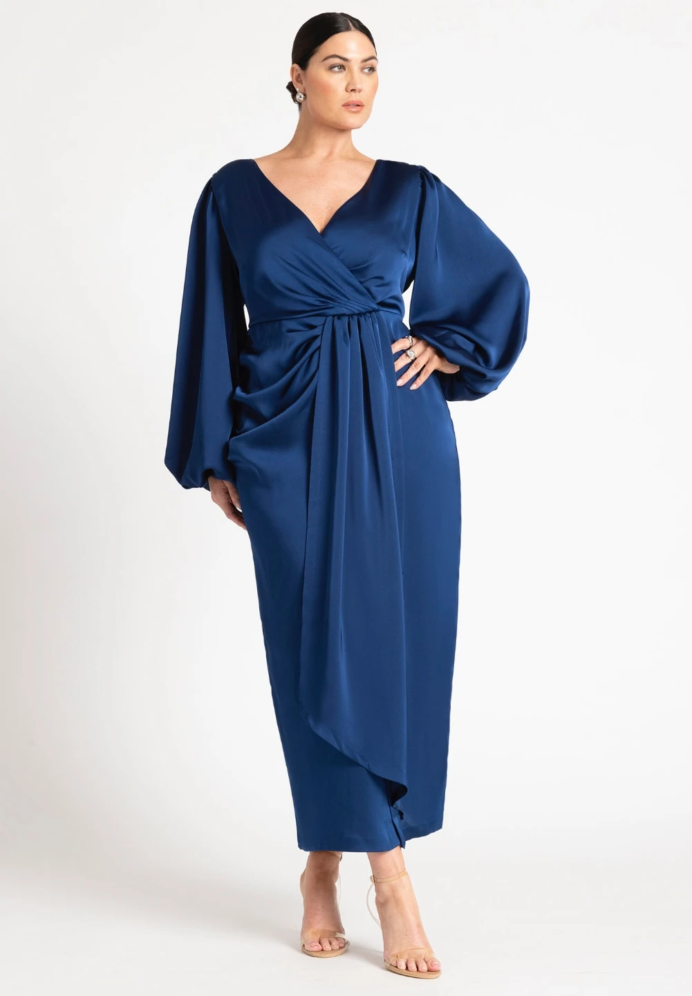 Satin Puff Sleeve Pleated Dress Size 18 Estate Blue