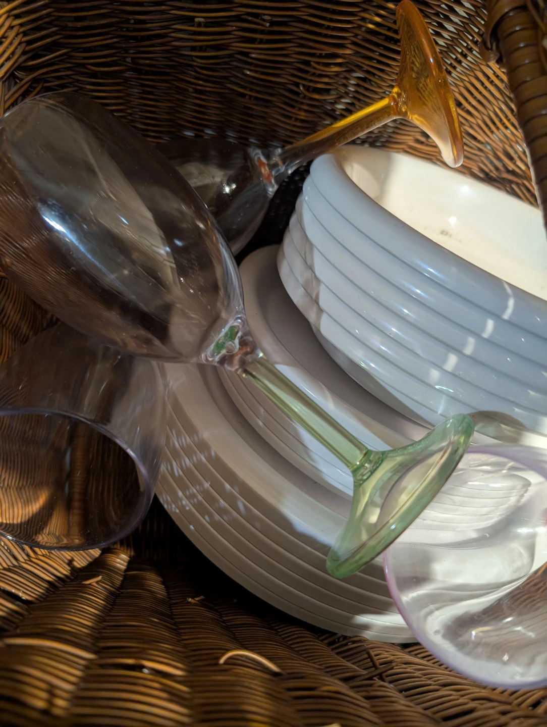 Wicker Picnic Basket with Plates and Glasses