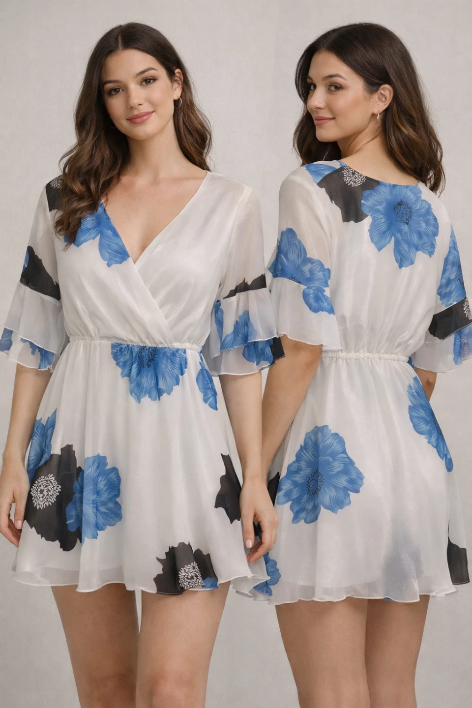 White floral print dress with blue flowers