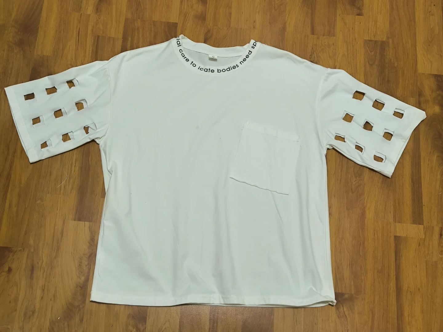 White T-Shirt with Cut-out Sleeves and Pocket - Size M