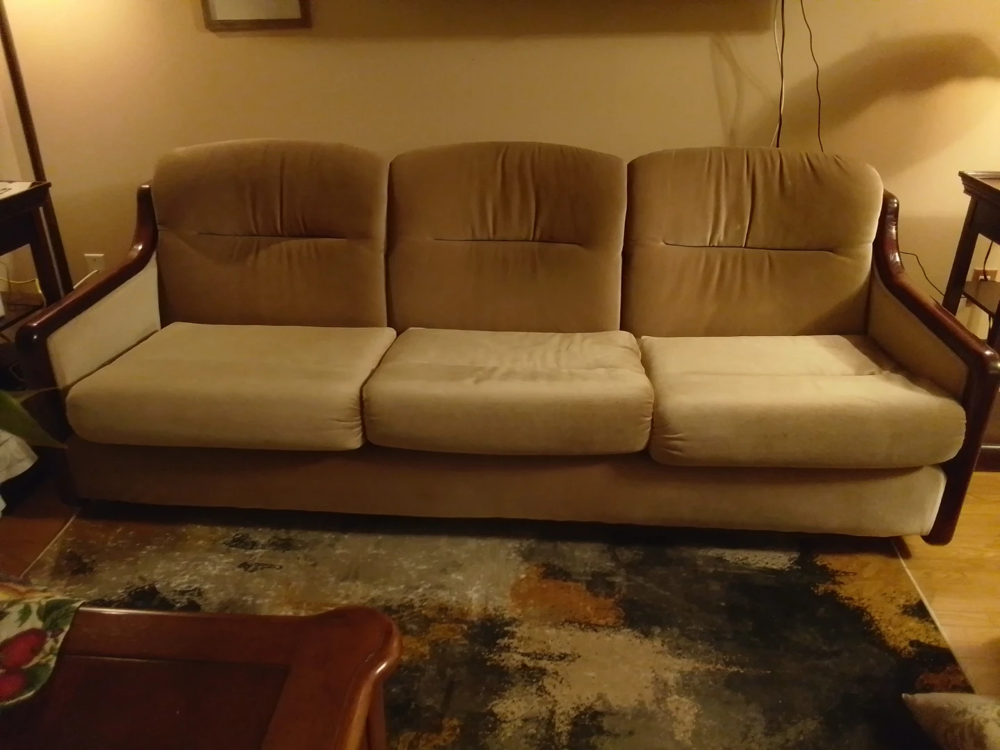 Sofa Loveseat Armchair - Beige Fabric with Wood Accents