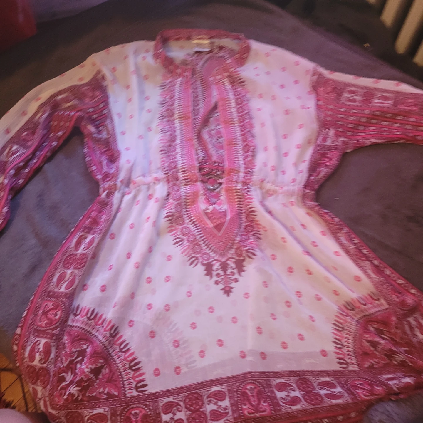 Rima Women's Tunic Top S/M Pink White Patterned Long Sleeve