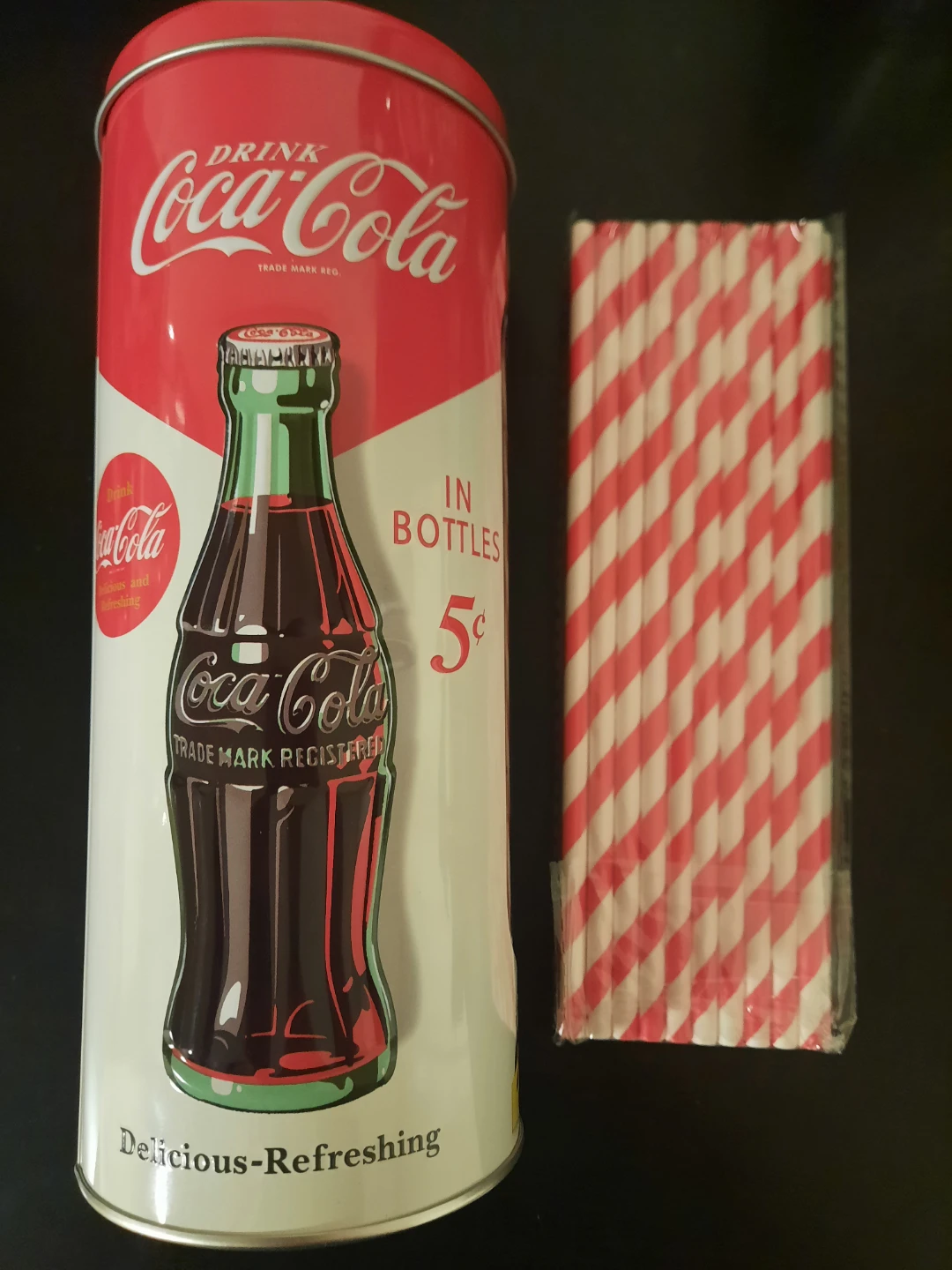 Coca-Cola Tin with Red and White Striped Paper Straws