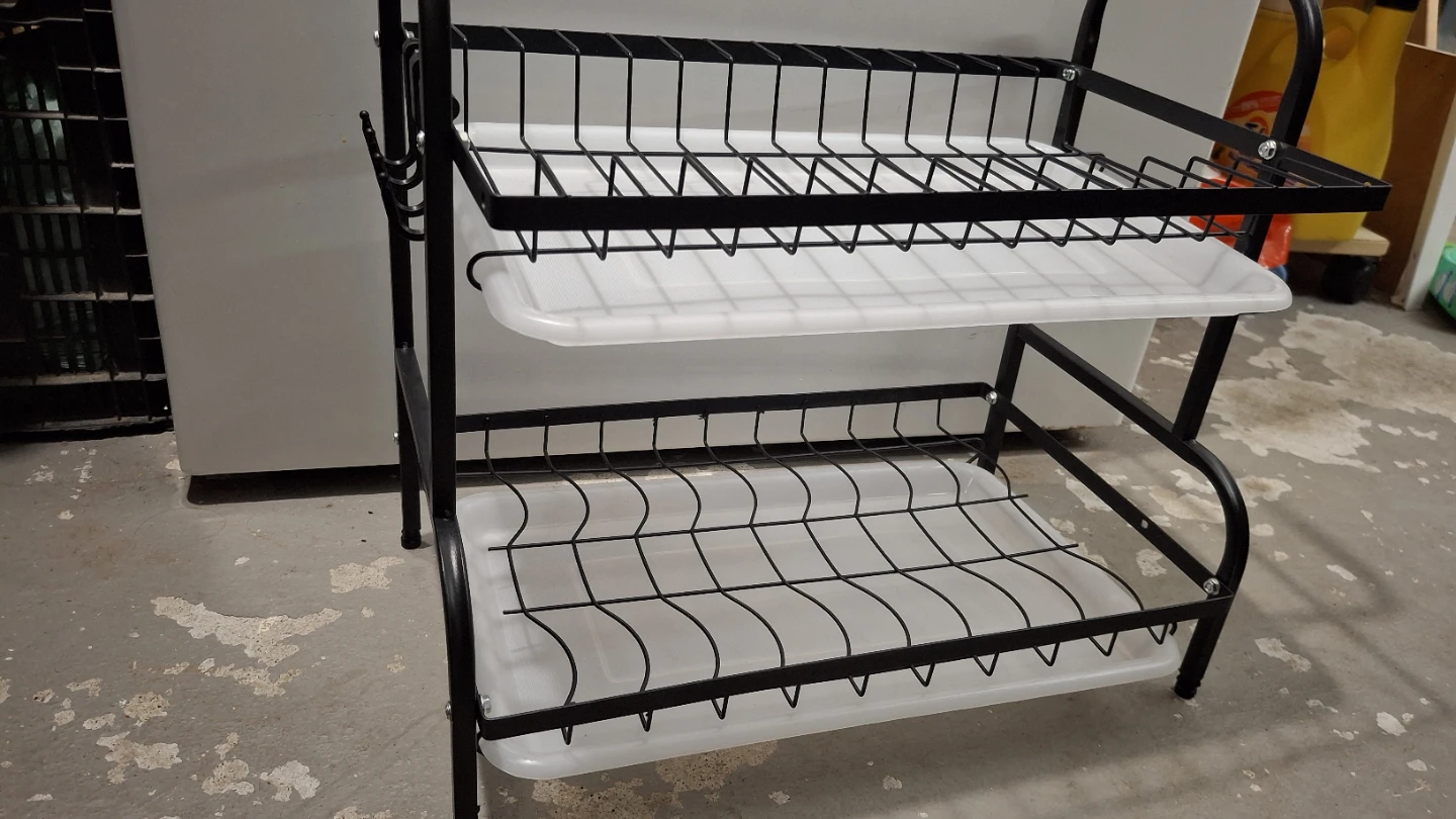 2-Tier Black Metal Dish Rack with White Trays (40x25x37cm) ❤️