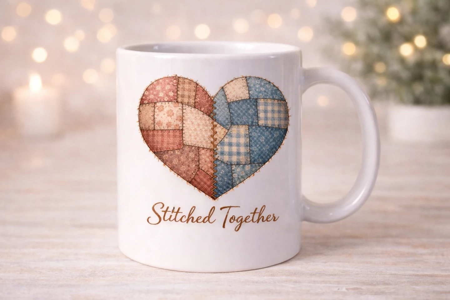 White Coffee Mug with "Stitched Together" Heart Design