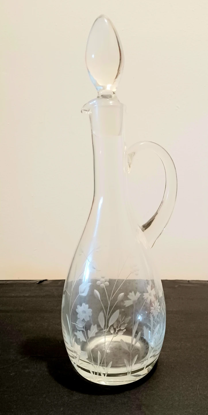 Vtg Etched Floral Crystal Decanter