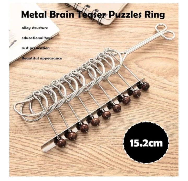 NEW!   Metal Brain Teaser Puzzles Ring - 22cm 9 Linked Rings - photo 4