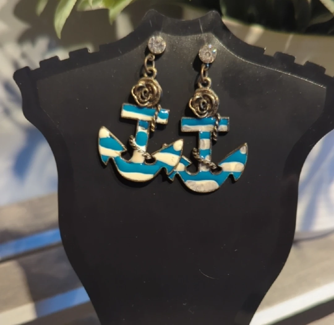 Anchor Earrings with Blue and White Stripes