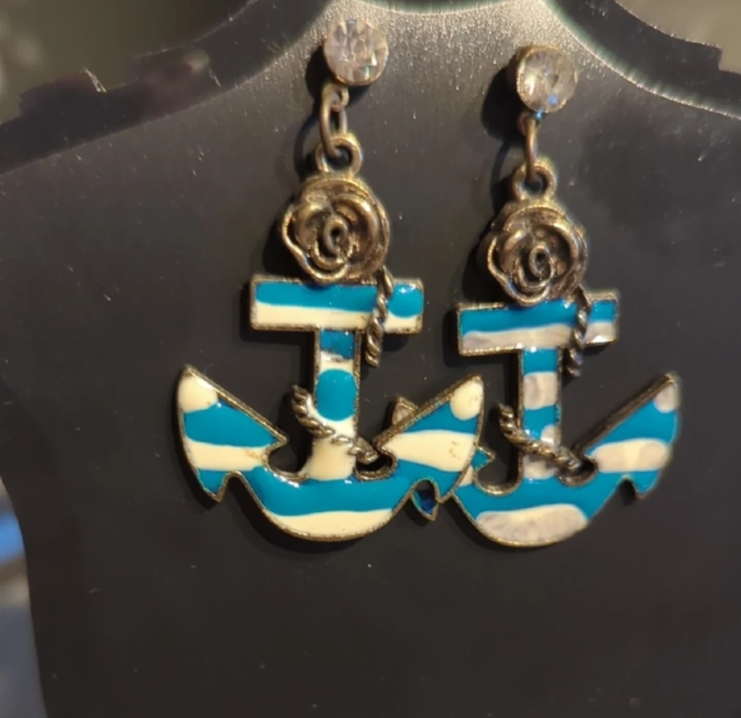 Anchor Earrings with Blue and White Stripes - photo 2