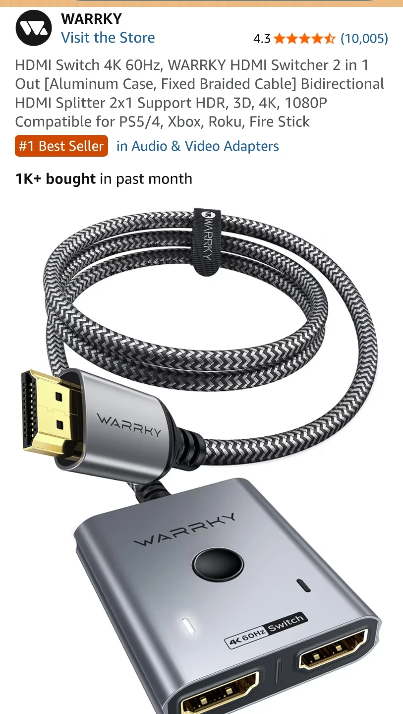 WARRKY HDMI Switch 4K 60Hz 2-in-1-out