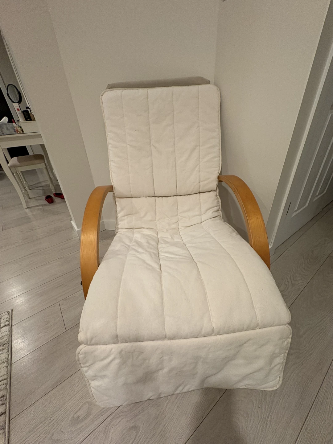 Cream Padded Lounge Chair with Wooden Arms
