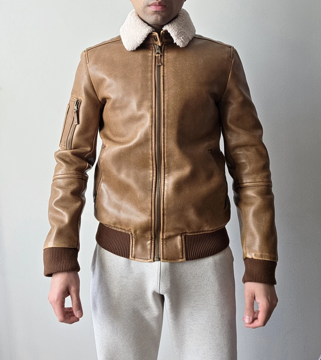 Brown Faux Leather Bomber Jacket with Sherpa Collar - photo 5
