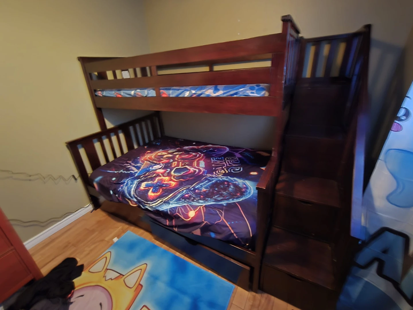 Dark Wood Bunk Bed with Stairs and Storage Drawer