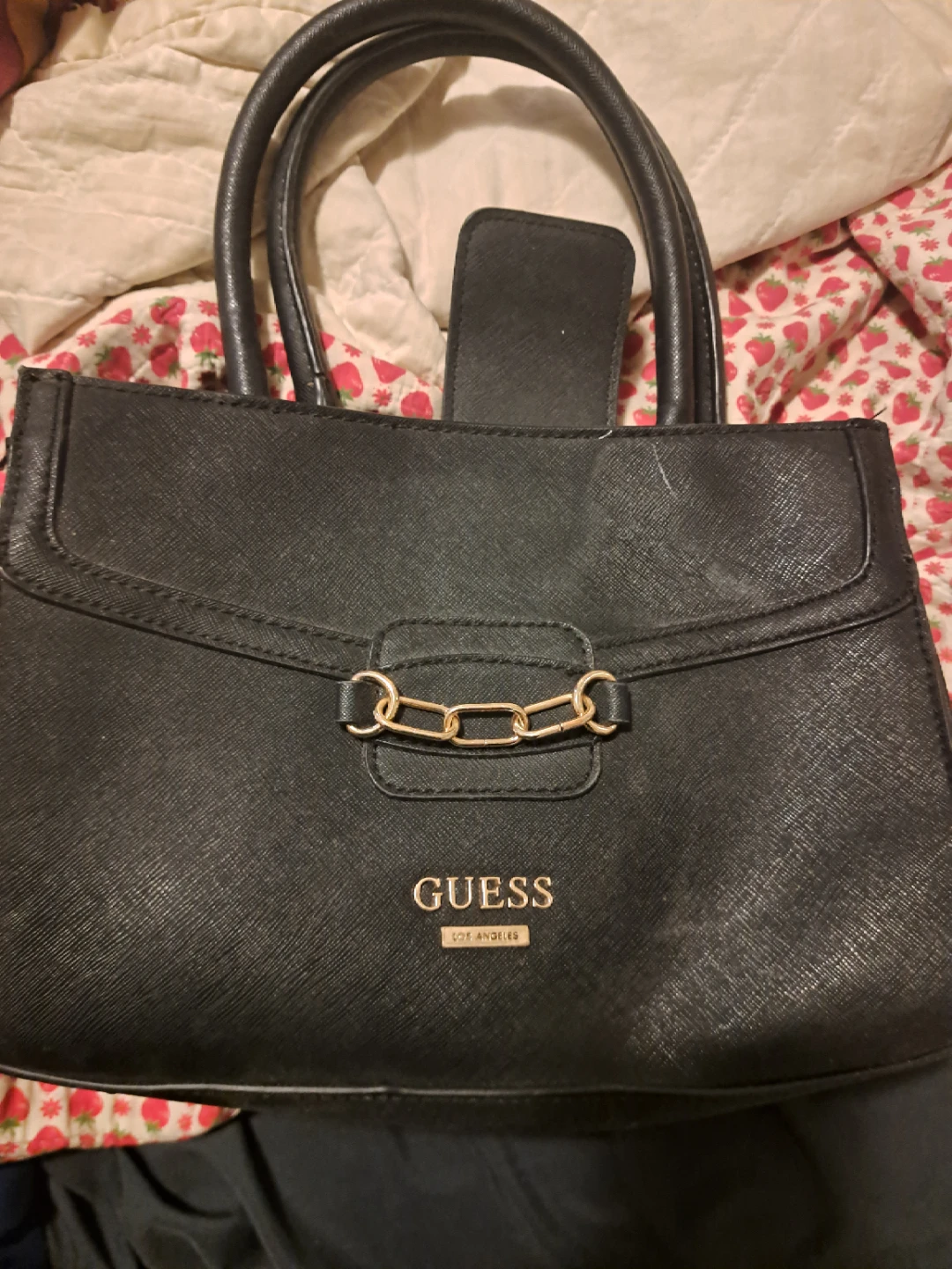 Black Guess Handbag with Gold Chain Detail
