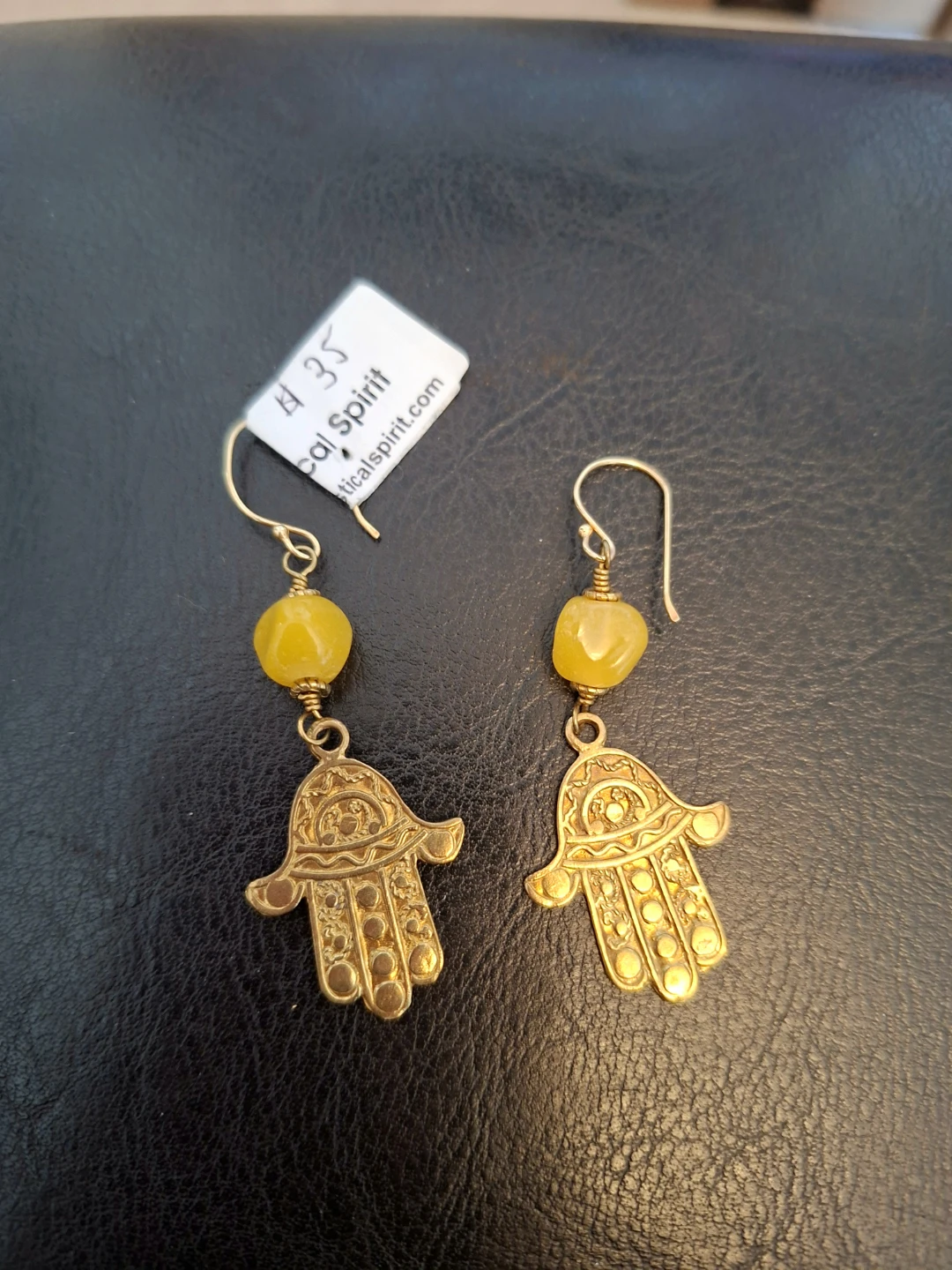 Brass Hamsa Hand Earrings with Yellow Beads