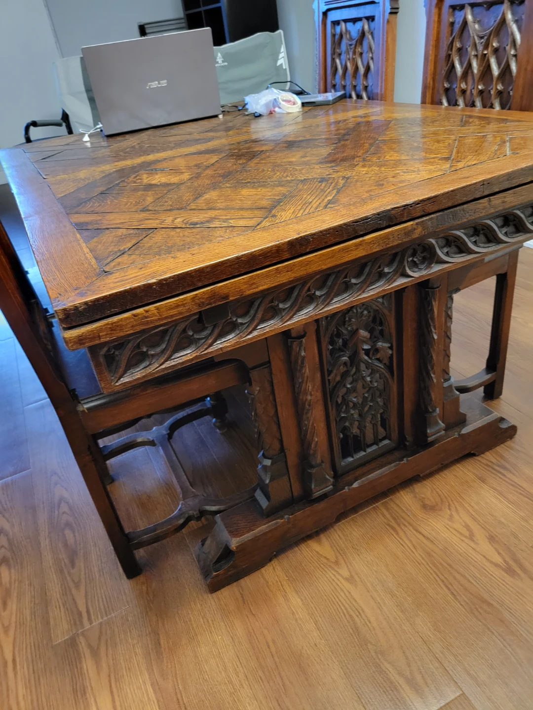 150 year old French Gothic, hand carved dinning table