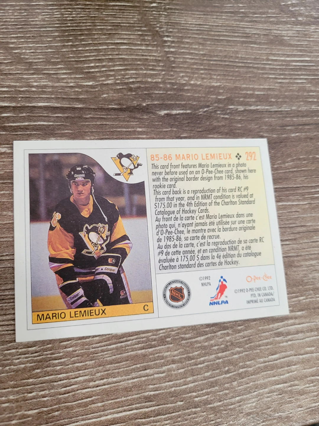 1992 Mario Lemieux O-Pee-Chee Hockey Card - photo 2