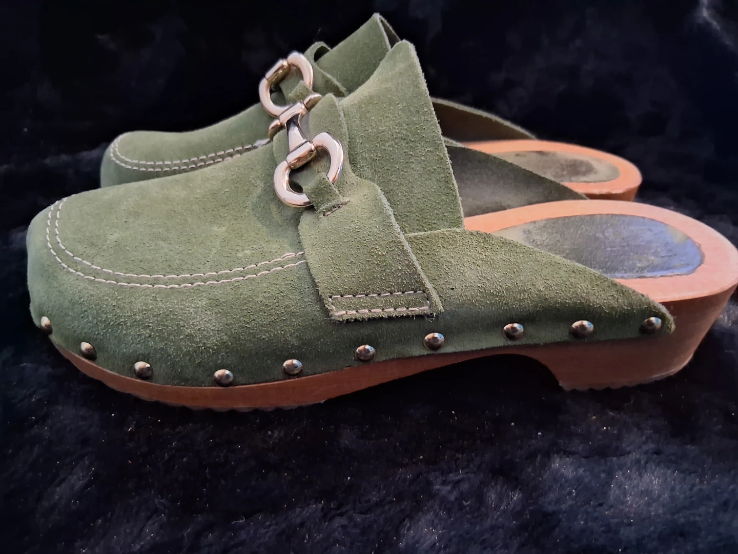 Green Suede Clogs with Gold Buckle Accent - photo 2