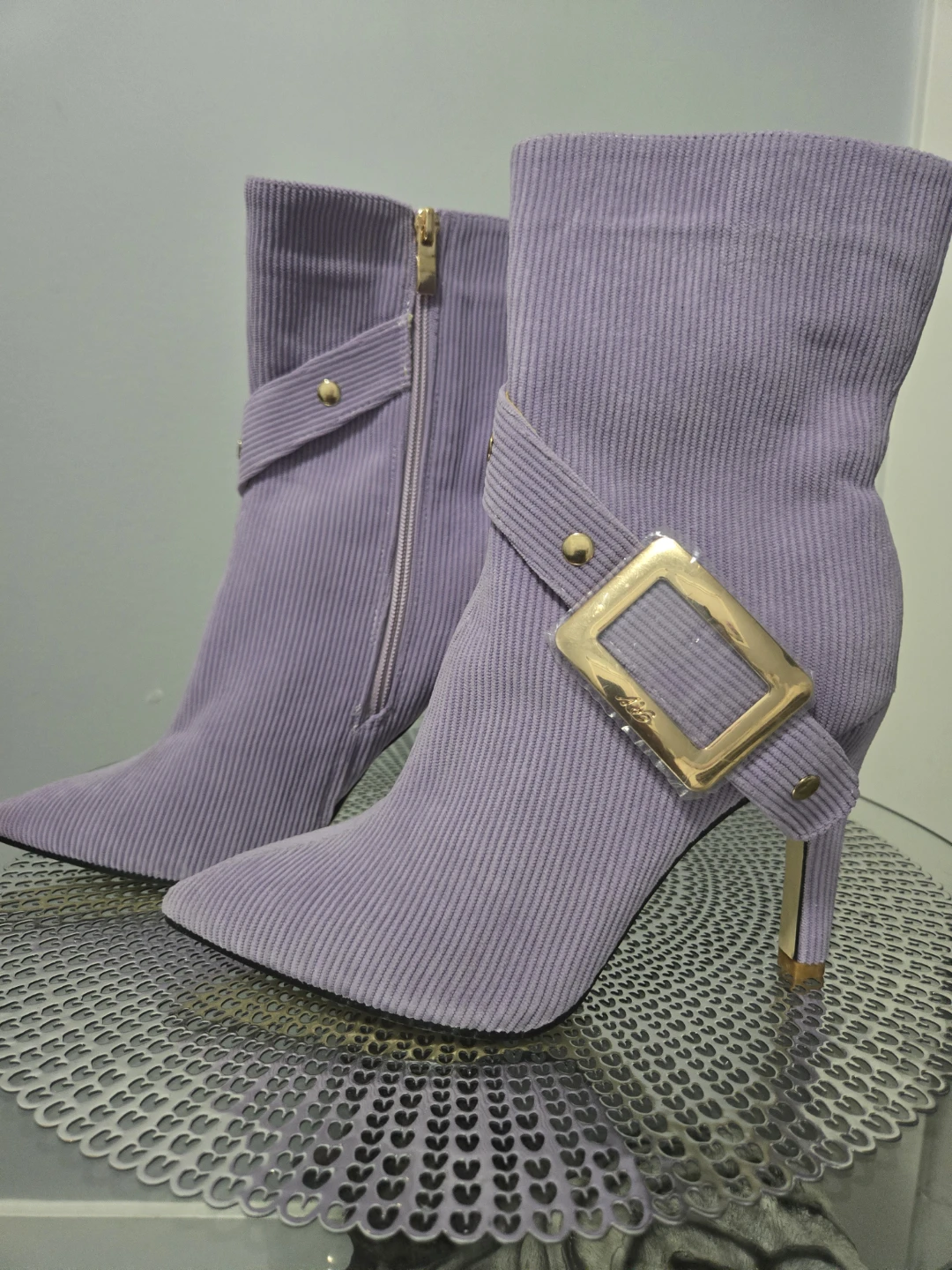 Lavender Corduroy Heeled Boots with Gold Buckle NEW
