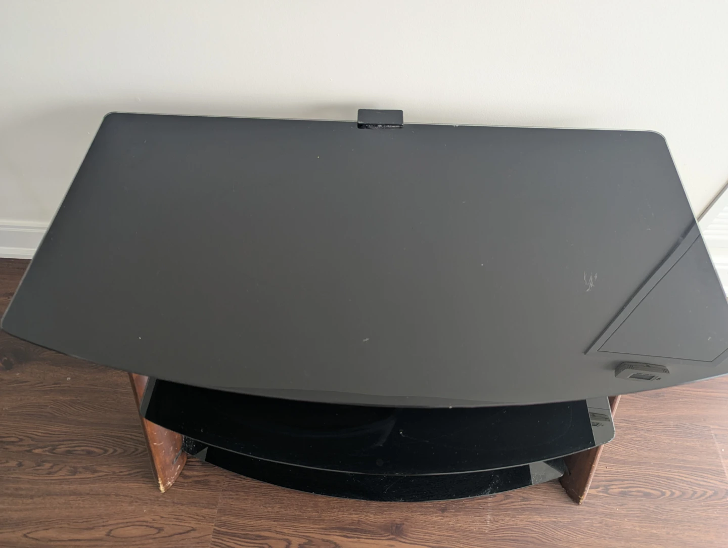 3-Tier Black Glass TV Stand with Wood Accents