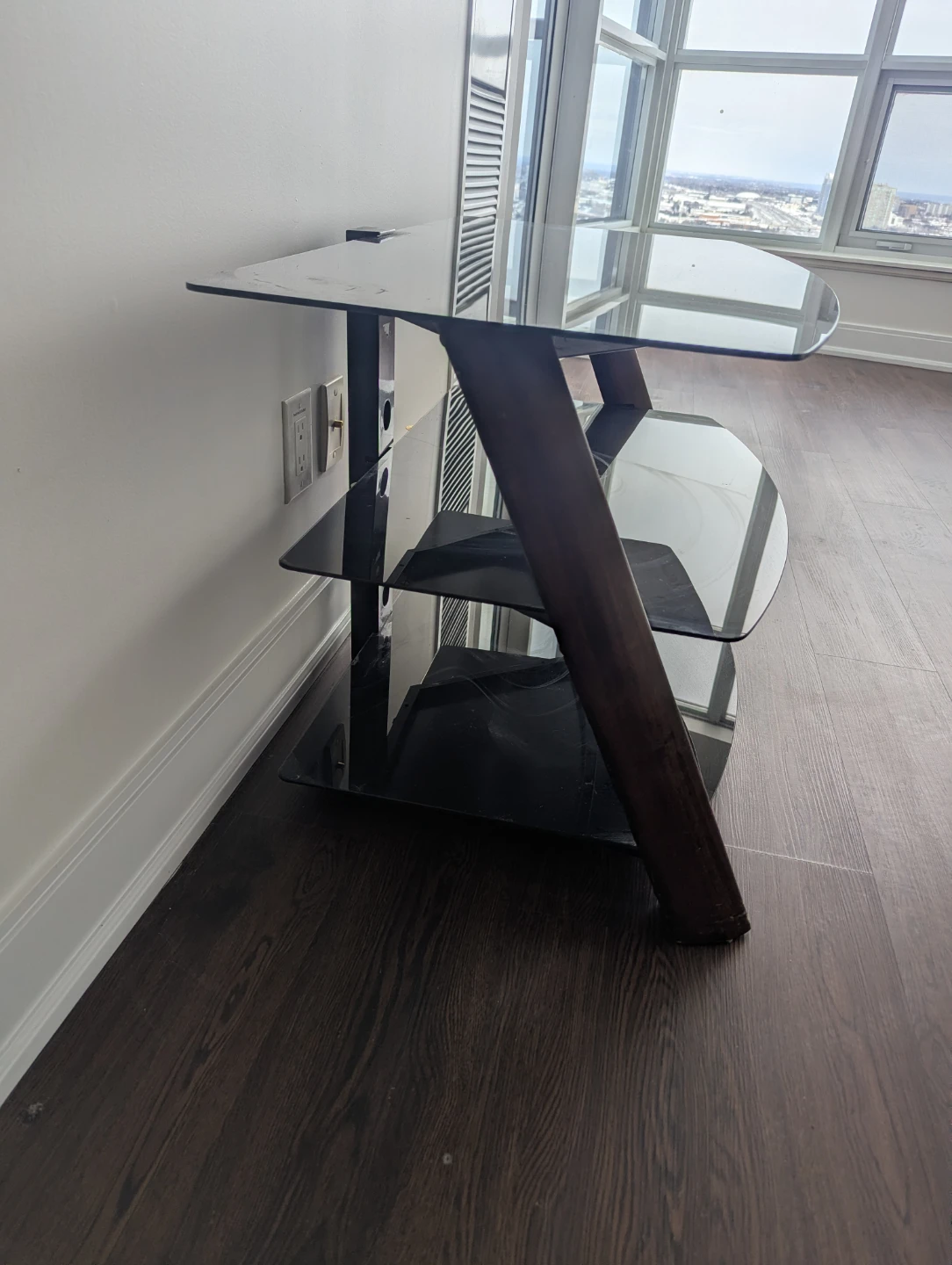 3-Tier Black Glass TV Stand with Wood Accents - photo 4