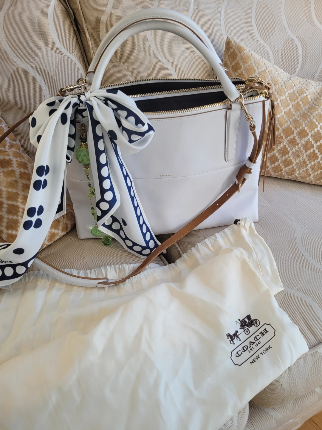 Authentic Coach White Leather Borough bag with Scarf