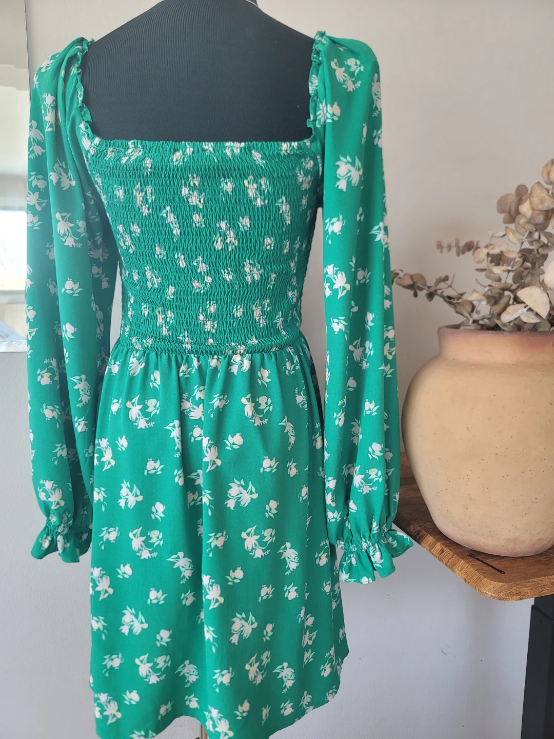 WAYF Long Sleeve Smocked Minidress in green floral Sz S
