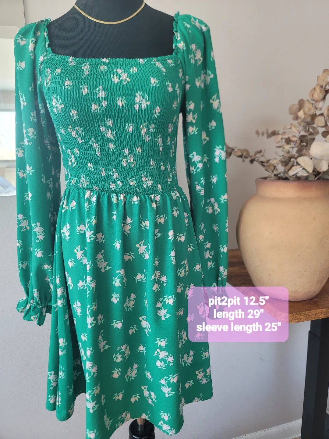 WAYF Long Sleeve Smocked Minidress in green floral Sz S - photo 3