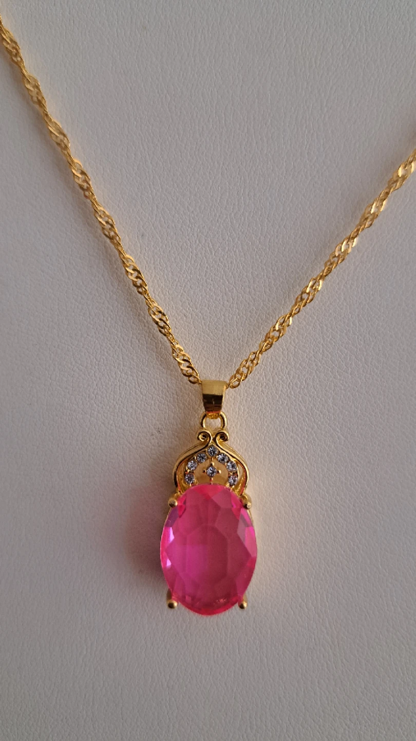 Gold Tone Chain Necklace with Pink Oval Pendant - photo 2