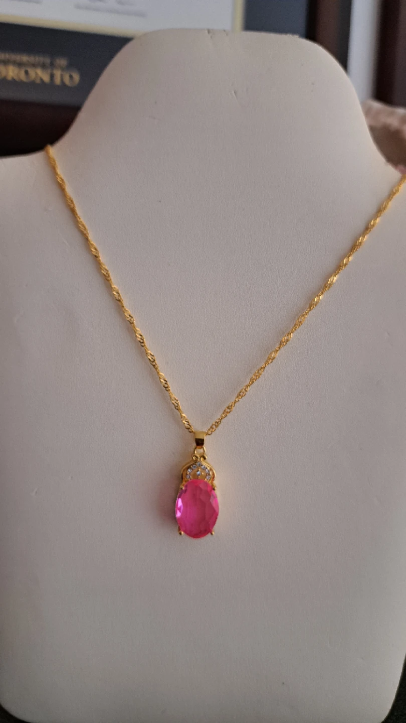 Gold Tone Chain Necklace with Pink Oval Pendant - photo 3