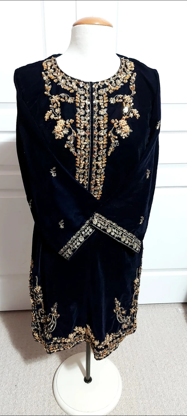 Navy Velvet Kurti with Gold Embroidery
