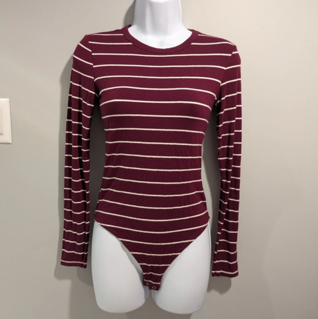 Forever 21 Burgundy Striped Long Sleeve Bodysuit - Size S