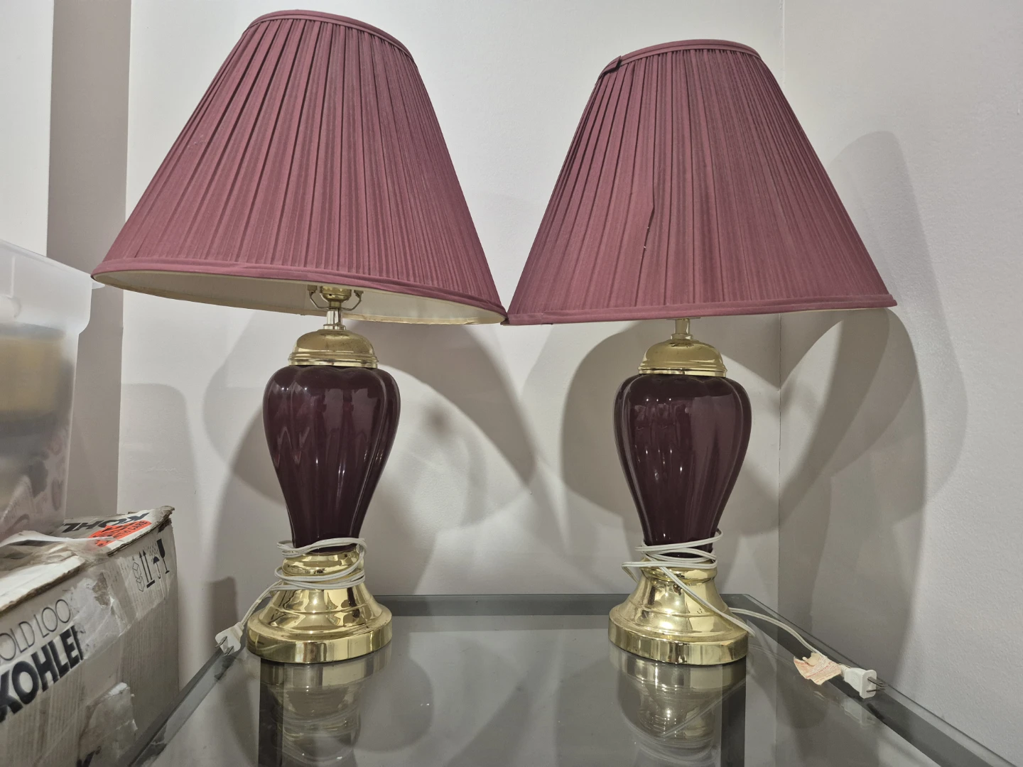 Pair of Table Lamps - Burgundy Ceramic and Brass