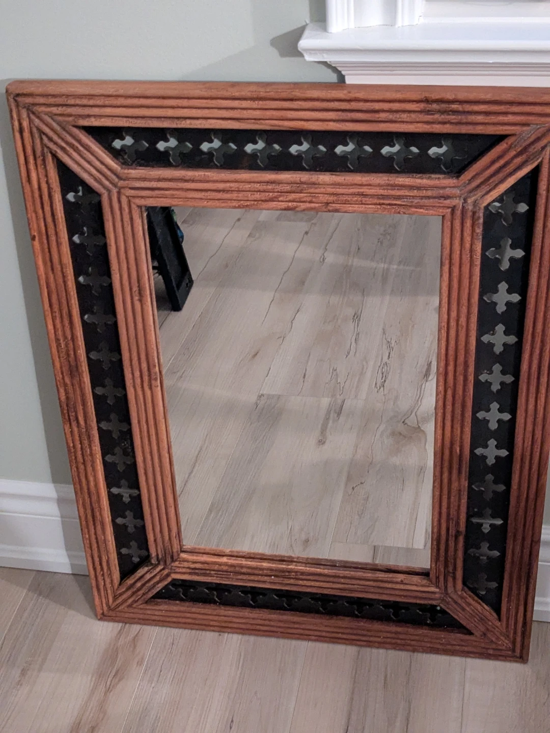 Decorative Wooden Mirror with Black Metal Inlay